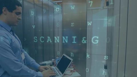 Man working in a computer server room while security messages move in foreground Video stock 112908976
