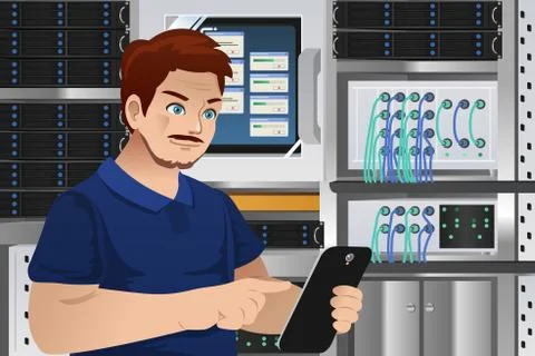 Man Working in Computer Server Room Illustrazione stock