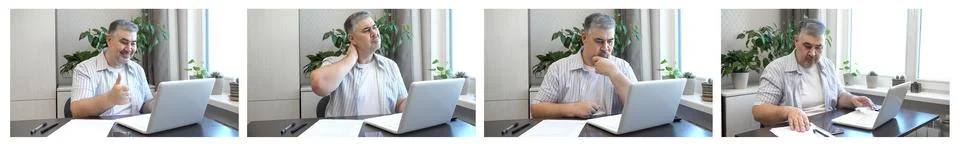 Man working on computer. Set of images. Office or remote work, freelance. Stock Photos
