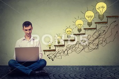 Man working on computer successful in increasing internet website traffic Stock Photos