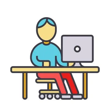 Man working at computer at table flat line illustration, concept vector icon  스톡 일러스트