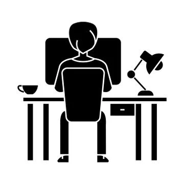 Man working on computer on table sitting back icon, vector illustration, black 스톡 일러스트