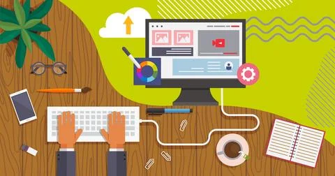 Man working on computer typing on keyboard programmer, business analysis, design Stock Illustration