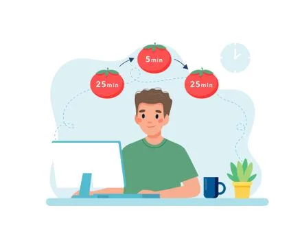 Man working with computer using time management. Pomodoro technique concept Stock Illustration