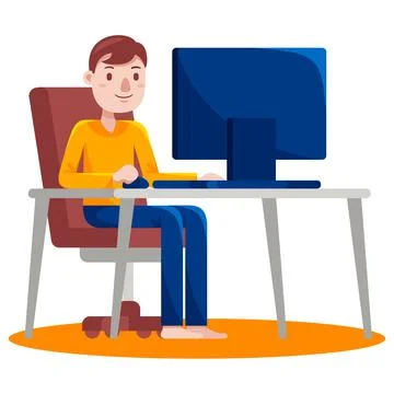 Man working with computer with vector illustration with flat design. Illustrazione stock