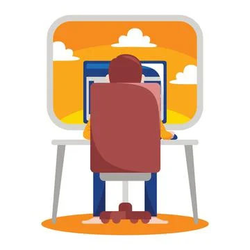 Man working with computer with vector illustration with flat design. Illustrazione stock