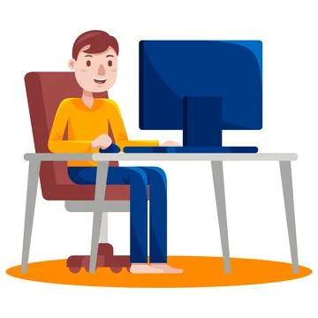 Man working with computer with vector illustration with flat design. Illustrazione stock