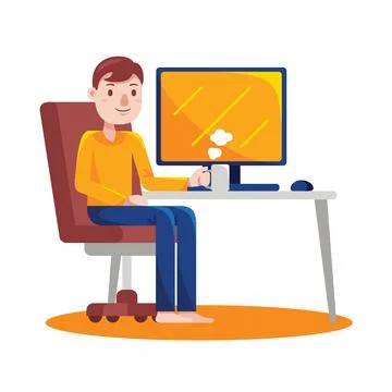 Man working with computer with vector illustration with flat design. Stock Illustration