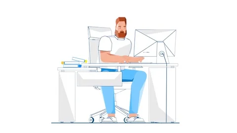Man Working on Computer While Sitting at Desk 2D illustration Vídeos de archivo 277274392