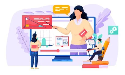 A man is working at a computer while sitting on books. Woman is looking at Stock Illustration