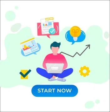 Man working on computer. Young male character freelancer sitting and typing on a Stock Illustration