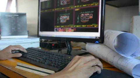 Man is working in a construction program, interior  designer Stock Footage 83742260