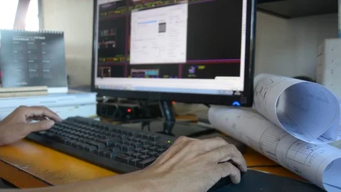 Man is working in a construction program, interior  designer Stock Footage 83742979