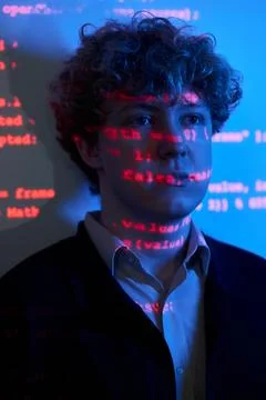 Man Working on Cybersecurity with Programming Code Projected on Face Stock Photos