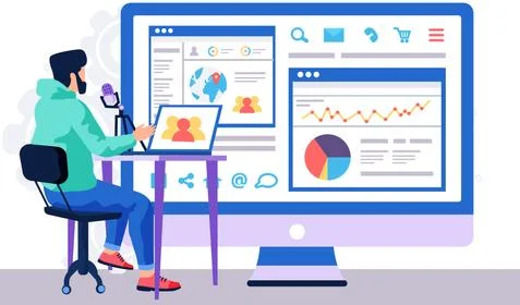 Man is working with data and business statistics. Guy is recording audio into Stock Illustration