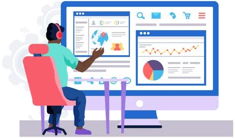 Man is working with data and economic statistics. Guy in headphones is looking Stock Illustration