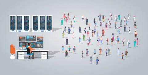 Man working in data center over people group different occupation employees mix Stock Illustration