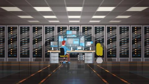Man Working In Data Center Room Hosting Server Computer Monitoring Information Stock Illustration