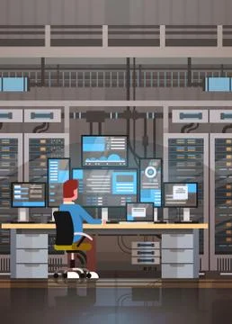 Man Working In Data Center Room Hosting Server Computer Monitoring Information 스톡 일러스트