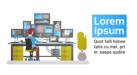Man Working In Data Center Room Hosting Server Computer Monitoring Information 스톡 일러스트