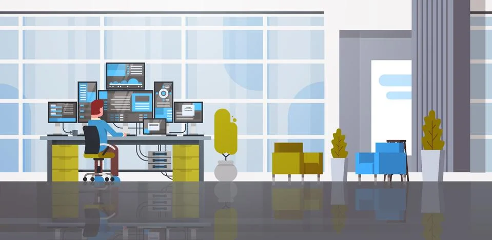 Man Working In Data Center Room Hosting Server Computer Monitoring Information 스톡 일러스트