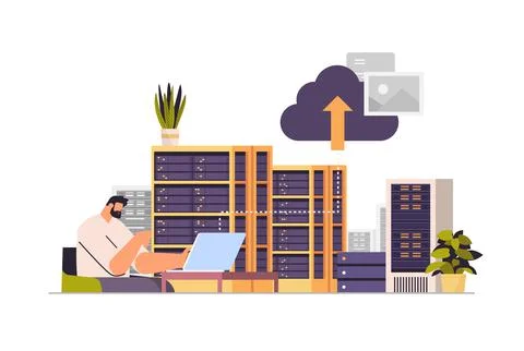 Man working in data center technical room hosting server database concept イラスト素材
