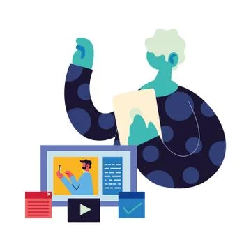 Man working on data on computer. Illustrazione stock