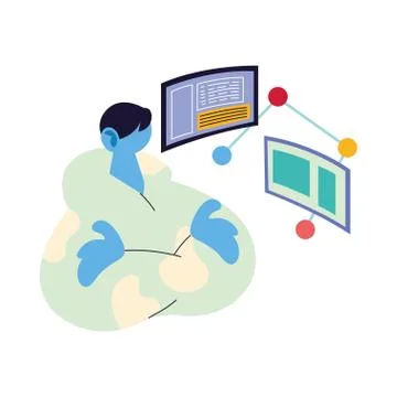 Man working on data on computer. Illustrazione stock