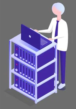 Man Working in Database Center on Computer Vector 库存插图