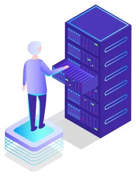 Man Working in Database Center, Worker Vector Stock Illustration