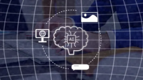 Man working at desk, hands resting starting wireframe overlay, AI brain forming Stock Footage 334768397