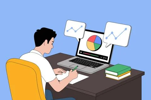 Man Working at Desk with Laptop Analytics Illustration. Stock Illustration