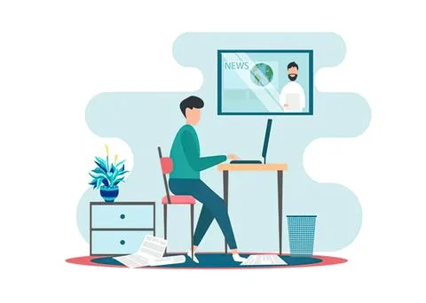 Man working at desk with news on computer screen イラスト素材