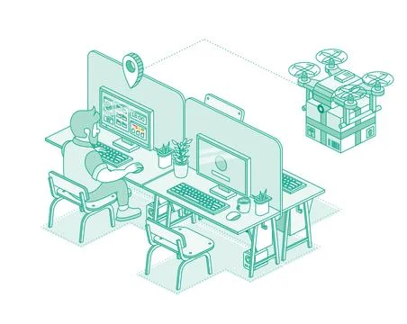 Man working at a desk in an open space office while a delivery drone approa.. Ilustração Stock