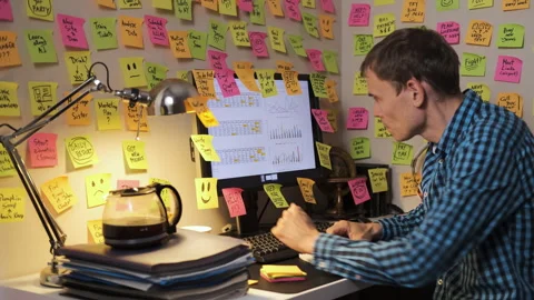 Man working at desk surrounded by sticky notes Stock Footage 279268288