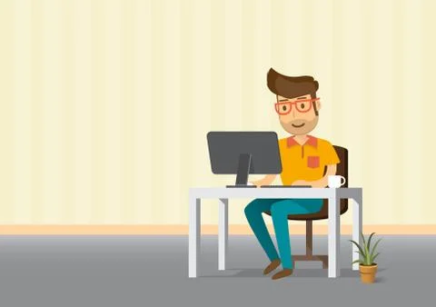 Man working on desktop computer and coffee cup. Stock Illustration