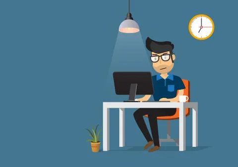 Man working on desktop computer and coffee cup. Stock Illustration