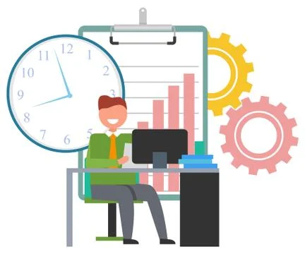 Man Working with Desktop Computer at Office Vector Illustrazione stock