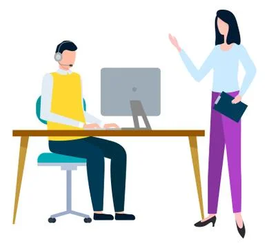 Man Working at Desktop Computer at Office Vector 스톡 일러스트