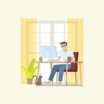 Man working on desktop at home Stock Illustration