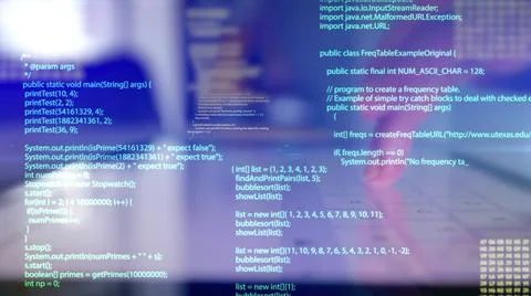 Man working on digital tablet with graphic user interface hologram showing 스톡 일러스트