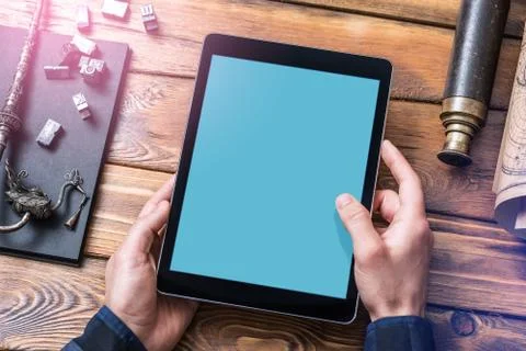 Man working with a digital tablet PC. Closeup 库存照片