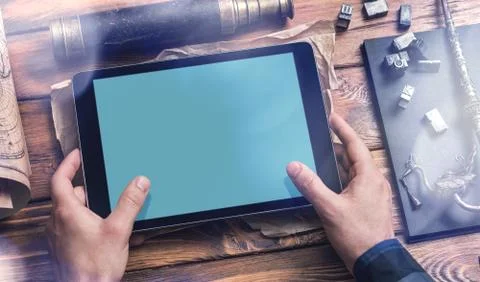 Man working with a digital tablet PC. Closeup 库存照片