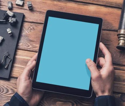 Man working with a digital tablet PC. Closeup Fotos de archivo