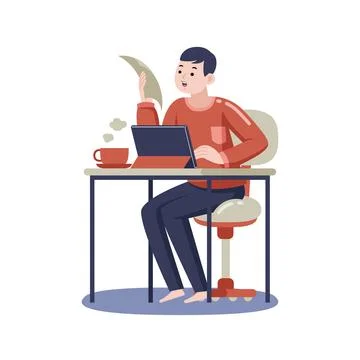 Man working with digital tablet with vector illustration with flat design. Stock Illustration