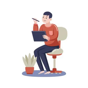 Man working with digital tablet with vector illustration with flat design. Illustrazione stock