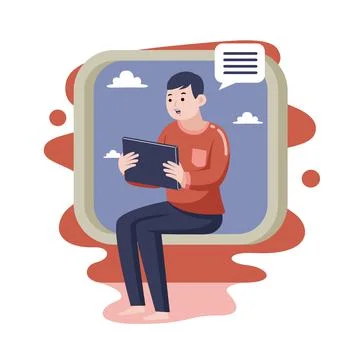 Man working with digital tablet with vector illustration with flat design. Illustrazione stock