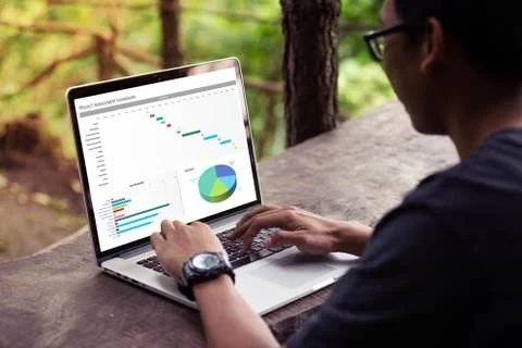 Man working with excel project dashboard on laptop / computer at the park / outd Stock Photos