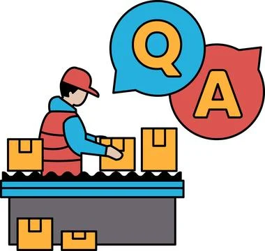 A man is working in a factory with boxes and a QA sign Stock Illustration
