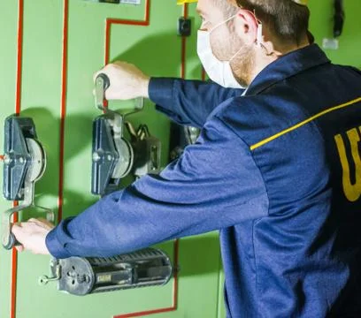 Man working in a factory, engineer at work Stock Photos